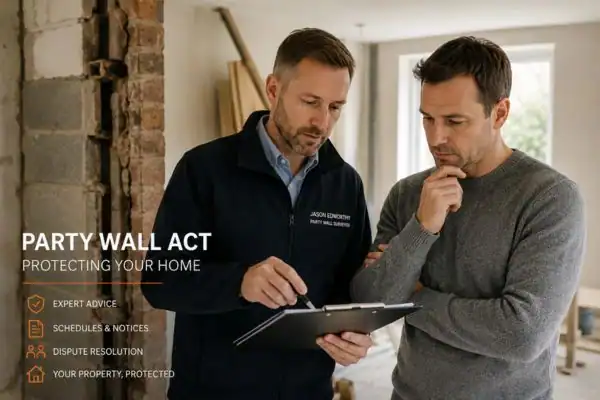 Party wall surveyor Bromsgrove discussing extension plans with homeowner outside a UK semi-detached house.